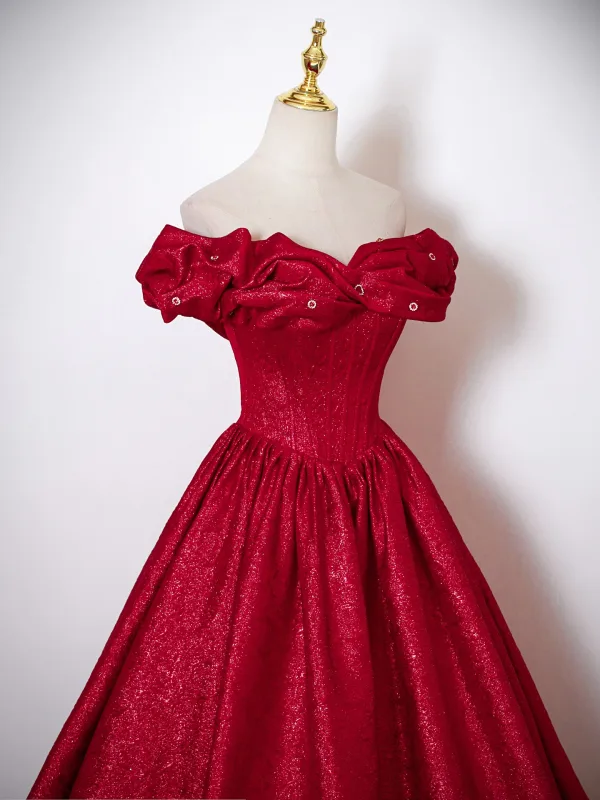 Chic / Beautiful Red Glitter Prom Dresses 2025 A-Line / Princess Off-The-Shoulder Short Sleeve Backless Floor-Length / Long Formal Dresses
