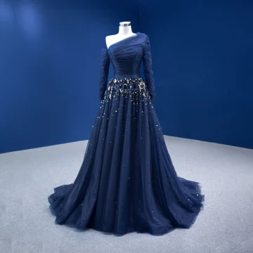 Vintage Retro High End Navy Blue Sequins Prom Dresses 2022 A Line Princess One Shoulder Long Sleeve Backless Sweep Train Prom Formal Dresses