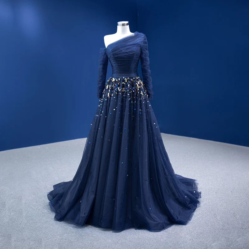 princess polly baby blue dress Vintage Retro High-End Navy Blue Sequins Prom Dresses 2022 A-Line Princess One-Shoulder
