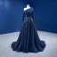 Vintage High End Marineblau Pailletten Ballkleider 2022 A Linie One-Shoulder Lange Ärmel Rückenfreies Sweep / Pinsel Zug Ball Festliche Kleider