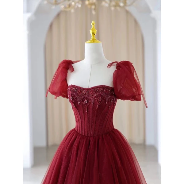 Chic / Beautiful Burgundy Beading Sequins Prom Dresses 2023 A-Line / Princess Square Neckline Short Sleeve Backless Floor-Length / Long Prom Formal Dresses