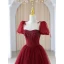 Chic / Beautiful Burgundy Beading Sequins Prom Dresses 2023 A-Line / Princess Square Neckline Short Sleeve Backless Floor-Length / Long Prom Formal Dresses