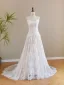 Vintage / Retro White Pearl Lace Flower Wedding Dresses 2026 A-Line / Princess Strapless Sleeveless Backless Sweep Train