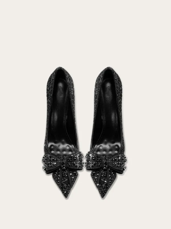 Bling Bling Noire Faux Diamant Paillettes Noeud Promo Escarpins 2024 10 cm Talons Aiguilles À Bout Pointu Escarpins Talons Hauts