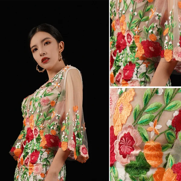 High-end Multi-Colors Embroidered Flower Evening Dresses 2023 Trumpet / Mermaid V-Neck 3/4 Sleeve Sweep Train Evening Party Formal Dresses