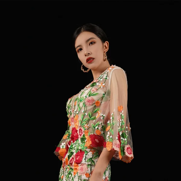 High-end Multi-Colors Embroidered Flower Evening Dresses 2023 Trumpet / Mermaid V-Neck 3/4 Sleeve Sweep Train Evening Party Formal Dresses
