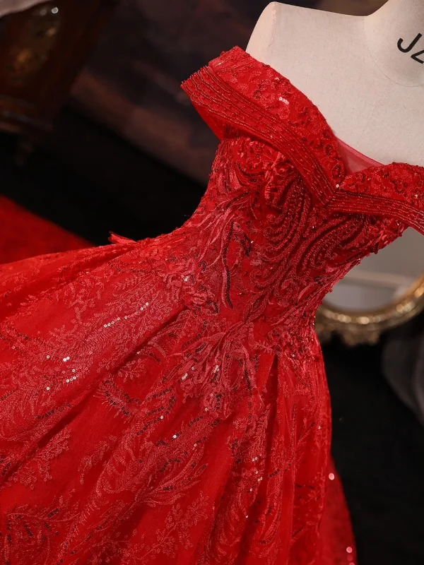 Amazing / Unique Red Beading Sequins Lace Flower Royal Train Wedding Dresses 2025 Ball Gown Off-The-Shoulder Short Sleeve Backless Tulle Wedding
