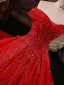Amazing / Unique Red Beading Sequins Lace Flower Royal Train Wedding Dresses 2025 Ball Gown Off-The-Shoulder Short Sleeve Backless Tulle Wedding