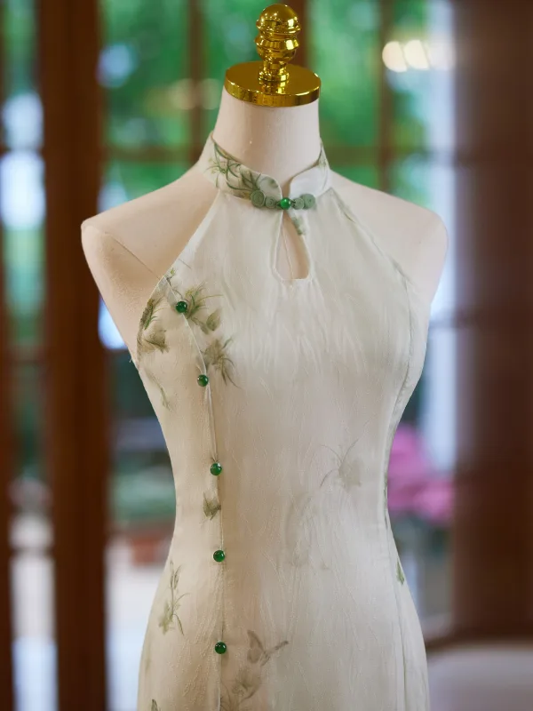 Chinese style Sage Green Printing Tea-length Cheongsam 2024 Trumpet / Mermaid High Neck Sleeveless