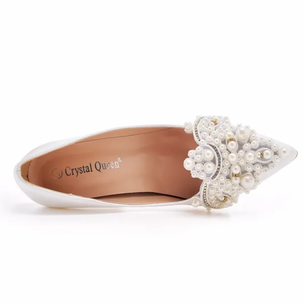 Chic / Beautiful White Pearl Rhinestone Wedding Shoes 2023 Satin 9 cm Crystal Thick Heels Pointed Toe Wedding Pumps High Heels
