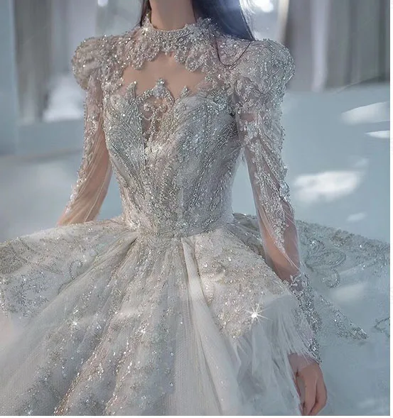 Luxury / Gorgeous White Beading Rhinestone Sequins Wedding Dresses 2024 Ball Gown High Neck Long Sleeve Backless Royal Train Wedding