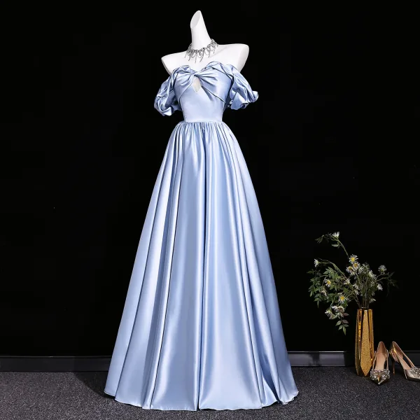 New Money Sky Blue Satin Prom Dresses 2026 Ball Gown Off-The-Shoulder Ruffle Short Sleeve Backless Floor-Length / Long Formal Dresses