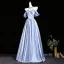 New Money Sky Blue Satin Prom Dresses 2026 Ball Gown Off-The-Shoulder Ruffle Short Sleeve Backless Floor-Length / Long Formal Dresses