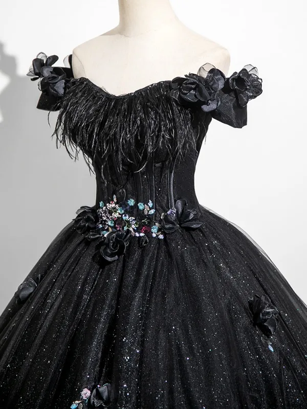 Bling Bling Black Rhinestone Sequins Appliques Prom Dresses 2025 Ball Gown Off-The-Shoulder Tassel Short Sleeve Backless Floor-Length / Long Formal Dresses