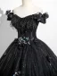 Bling Bling Black Rhinestone Sequins Appliques Prom Dresses 2025 Ball Gown Off-The-Shoulder Tassel Short Sleeve Backless Floor-Length / Long Formal Dresses
