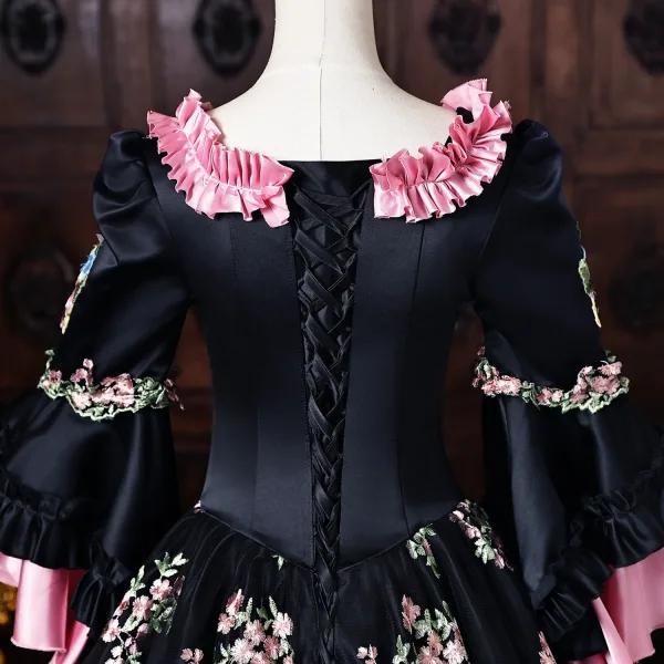 Medieval Vintage / Retro Black Bow Lace Flower Prom Dresses 2026 Ball Gown Square Neckline Bell sleeves Floor-Length / Long Formal Dresses