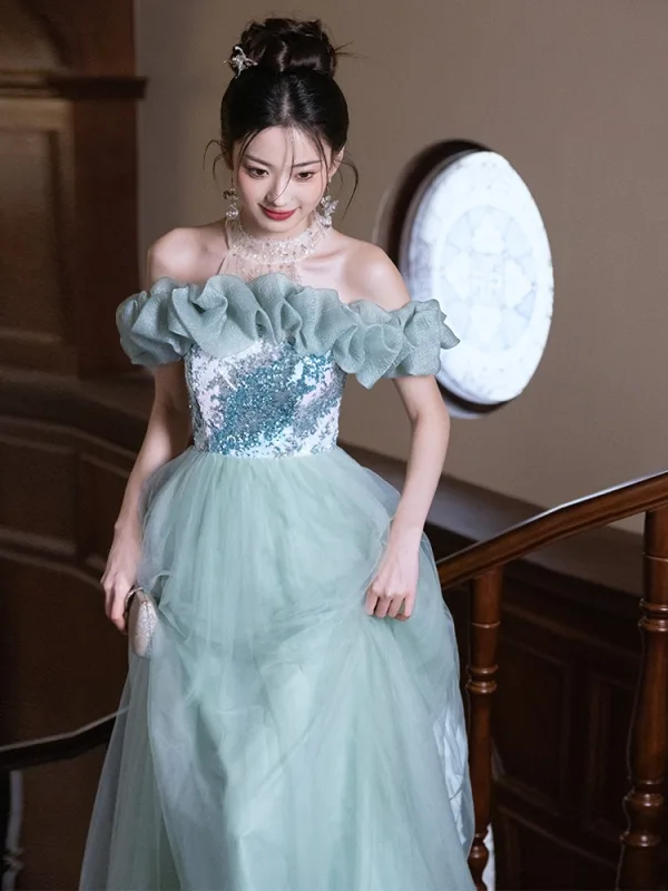 Chic / Belle Vert Citron Perlage Paillettes Robe De Bal 2025 Princesse Encolure Dégagée Manches Courtes Longue Promo Robe De Ceremonie
