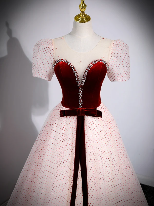 Elegant Burgundy Spotted Prom Dresses 2023 A-Line / Princess Scoop Neck Rhinestone Bow Short Sleeve Backless Floor-Length / Long Prom Formal Dresses