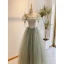 Chic / Beautiful Sage Green Prom Dresses 2022 A-Line / Princess Square Neckline Puffy Short Sleeve Bow Rhinestone Floor-Length / Long Formal Dresses