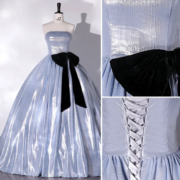Modest / Simple Fashion Sky Blue Prom Dresses 2022 Ball Gown Strapless Sleeveless Bow Backless Floor-Length / Long Prom Formal Dresses