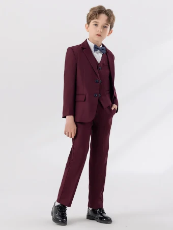 Burgundy 5 Piece Long Sleeve Boys Wedding Suits 2024 Coat Pants Shirt Tie Vest