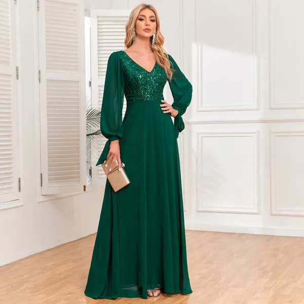Elegant Dark Green Sequins Prom Dresses 2024 A-Line / Princess V-Neck Long Sleeve Backless Floor-Length / Long Prom Formal Dresses