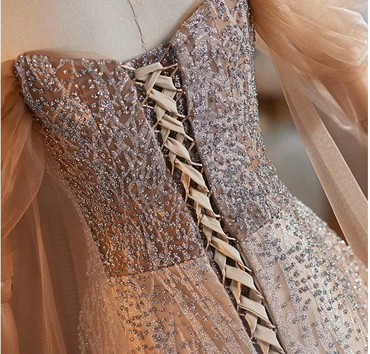 Sparkly Champagne Beading Sequins Prom Dresses 2025 A-Line / Princess Off-The-Shoulder Short Sleeve Backless Floor-Length / Long Prom Formal Dresses
