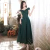 Modest / Simple Dark Green Satin Bridesmaid Dresses 2022 A-Line / Princess Short Sleeve Backless Floor-Length / Long