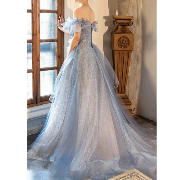 Glitzernden Charmant Himmelblau Pailletten Abendkleider 2023 A Linie Off Shoulder Schleife Kurze Ärmel Rückenfreies Lange Abend Festliche Kleider