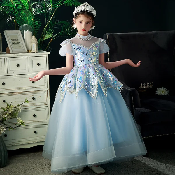 Glitzernden Himmelblau Pailletten Perle Strass Geburtstag Blumenmädchenkleider 2022 Ballkleid Stehkragen Kurze Ärmel Rückenfreies Lange Blumenmädchenkleider