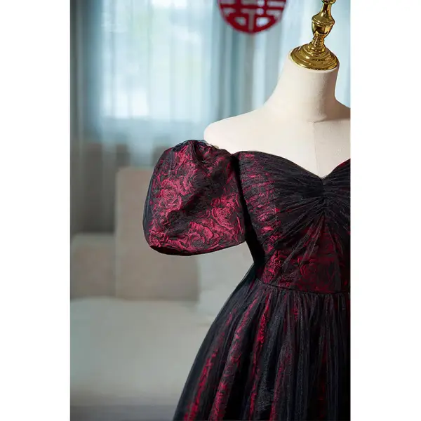 Elegant Burgundy Printing Prom Dresses 2022 A-Line / Princess Off-The-Shoulder Puffy Short Sleeve Backless Floor-Length / Long Prom Formal Dresses