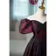 Elegant Burgundy Printing Prom Dresses 2022 A-Line / Princess Off-The-Shoulder Puffy Short Sleeve Backless Floor-Length / Long Prom Formal Dresses