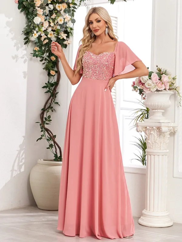 Chic / Beautiful Blushing Pink Sequins Chiffon Prom Dresses 2024 A-Line / Princess Square Neckline Short Sleeve Backless Floor-Length / Long Prom Formal Dresses