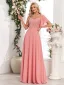 Chic / Beautiful Blushing Pink Sequins Chiffon Prom Dresses 2024 A-Line / Princess Square Neckline Short Sleeve Backless Floor-Length / Long Prom Formal Dresses