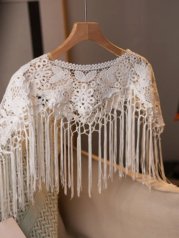 Vintage / Retro White Lace Flower Tassel shawl Casual 2025