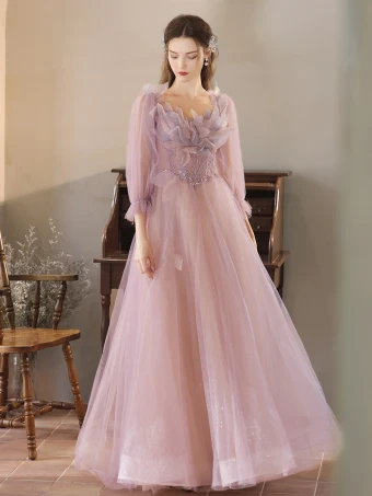 Chic Beautiful Lavender Sequins Prom Dresses 2024 A Line Princess Off The Shoulder Long Sleeve Backless Floor Length Long Prom Formal Dresses