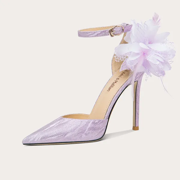 Charming Lavender Glitter Appliques Wedding Shoes 2023 Ankle Strap 10 cm Stiletto Heels Pointed Toe Wedding Sandals High Heels