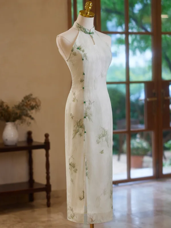 Chinese style Sage Green Printing Tea-length Cheongsam 2024 Trumpet / Mermaid High Neck Sleeveless