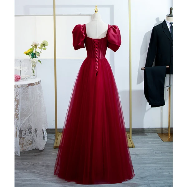 Elegant Burgundy Prom Dresses 2022 A-Line / Princess Square Neckline Puffy Short Sleeve Bow Pearl Floor-Length / Long Formal Dresses