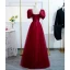 Elegant Burgundy Prom Dresses 2022 A-Line / Princess Square Neckline Puffy Short Sleeve Bow Pearl Floor-Length / Long Formal Dresses