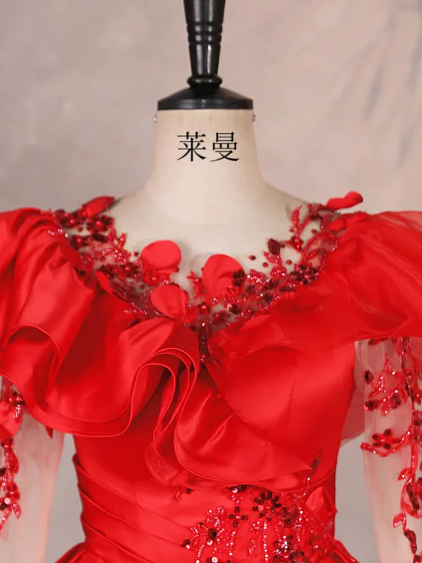 Vintage / Retro Red Beading Sequins Lace Flower Appliques Prom Dresses 2025 Ball Gown Scoop Neck Long Sleeve Backless Floor-Length / Long Formal Dresses
