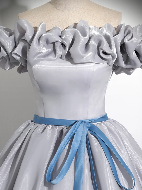 Élégant Argenté Robe De Bal 2024 Robe Boule Volants De l'épaule Sans Manches Noeud Ceinture Dos Nu Longue Promo Robe De Ceremonie