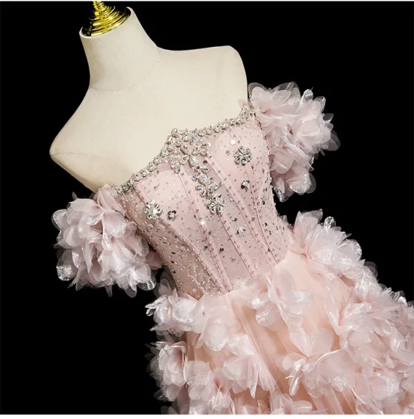 Flower Fairy Blushing Pink Handmade Beading Pearl Rhinestone Appliques Prom Dresses 2025 Ball Gown Off-The-Shoulder Short Sleeve Backless Floor-Length / Long Formal Dresses