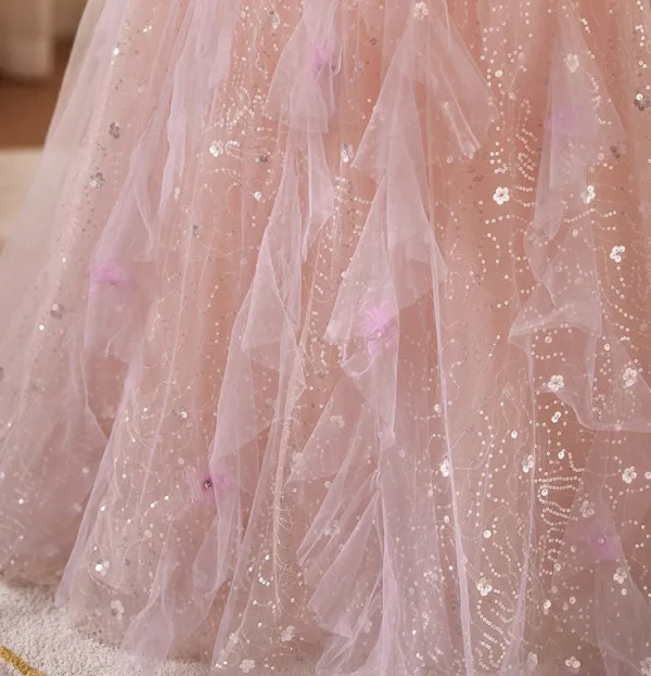 Luxury / Gorgeous Sparkly Blushing Pink Beading Rhinestone Sequins Prom Dresses 2026 A-Line / Princess Strapless Sleeveless Backless Floor-Length / Long Formal Dresses