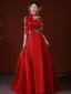 Chinese style Red Rhinestone Embroidered Prom Dresses 2022 Satin A-Line / Princess High Neck 1/2 Sleeves Backless Sweep Train Formal Dresses
