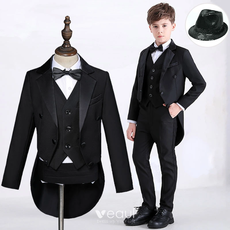 Black Long Sleeve Boys Wedding Suits 2022 Coat Pants Shirt Tie Vest ...