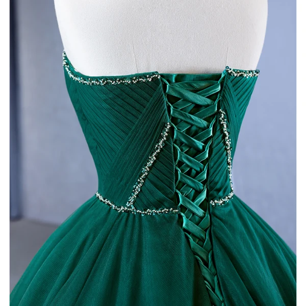 High-end Vintage / Retro Dark Green Pleated Prom Dresses 2023 Ball Gown Strapless Beading Sleeveless Backless Sweep Train Prom Formal Dresses