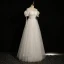 Chic / Beautiful White Lace Flower Prom Dresses 2024 A-Line / Princess Square Neckline Short Sleeve Backless Floor-Length / Long Prom Formal Dresses