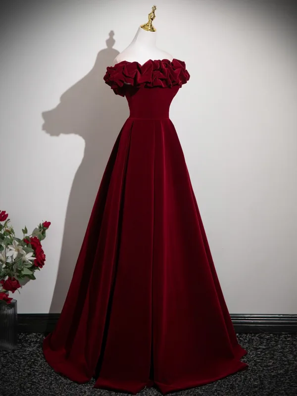Vintage / Retro Burgundy Velvet Prom Dresses 2025 Ball Gown Ruffle Off-The-Shoulder Short Sleeve Backless Floor-Length / Long Formal Dresses