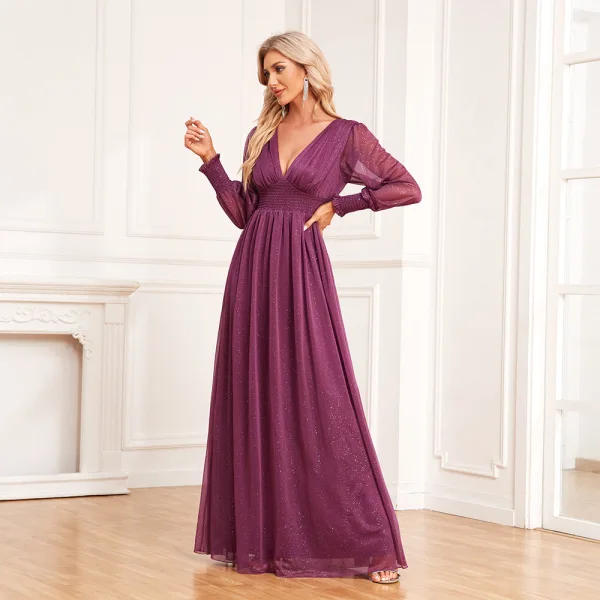 Modest / Simple Fuchsia Glitter Prom Dresses 2024 A-Line / Princess V-Neck Long Sleeve Floor-Length / Long Prom Formal Dresses